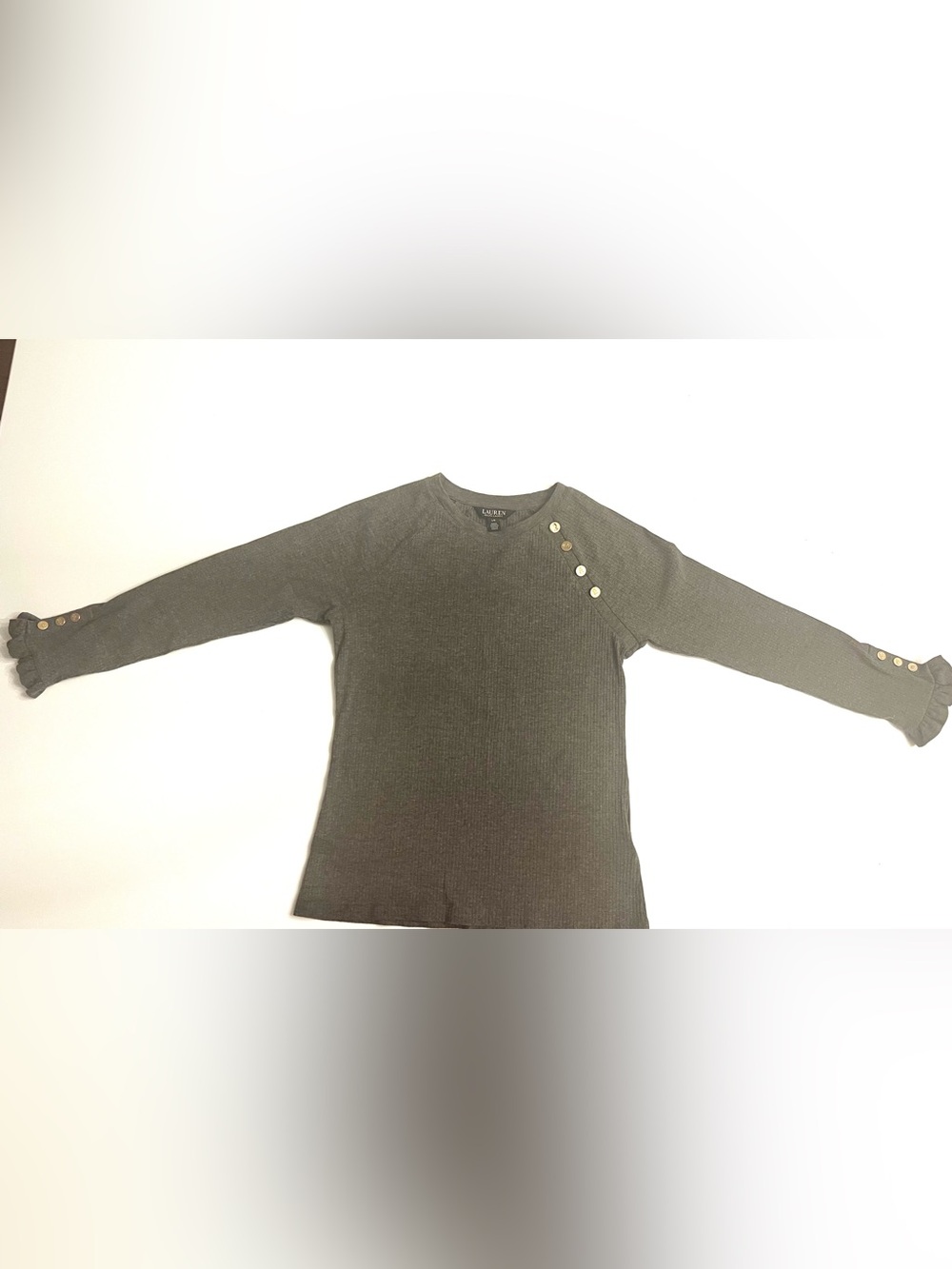 Ralph Lauren Gray Ribbed Long Sleeve Top with Shoulder Buttons